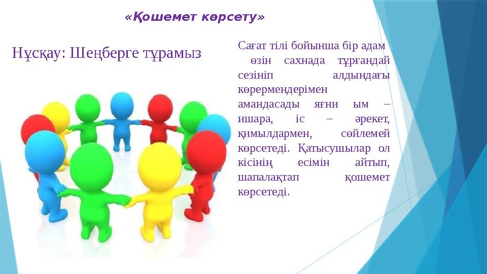 «Қошемет көрсету» Нұсқау: Шеңберге тұрамыз Сағат тілі бойынша бір адам өзін сахнада тұрғандай сезініп алдындағы көрерменд