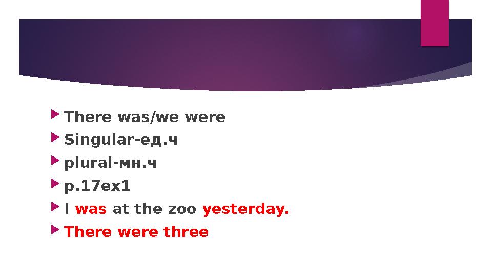  There was/we were  Singular- ед.ч  plural- мн.ч  p.17ex1  I was at the zoo yesterday.  There were three