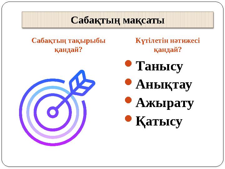 Сабақтың тақырыбы қандай? Күтілетін нәтижесі қандай?Сабақтың мақсаты  Танысу  Анықтау  Ажырату  Қатысу