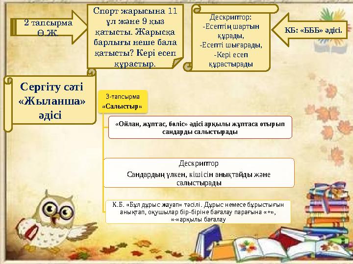 2 тапсырма Ө.Ж. Спорт жарысына 11 ұл және 9 қыз қатысты. Жарысқа барлығы неше бала қатысты? Кері есеп құрастыр. Дескриптор