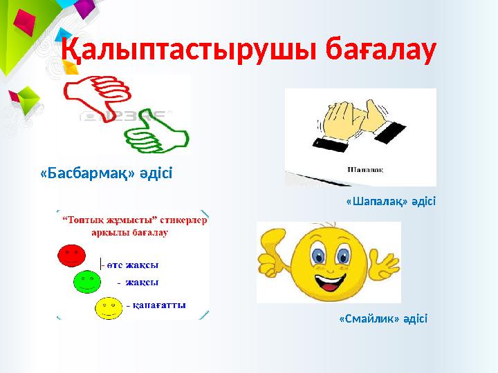 Қалыптастырушы бағалау «Басбармақ» әдісі «Смайлик» әдісі «Шапалақ» әдісі