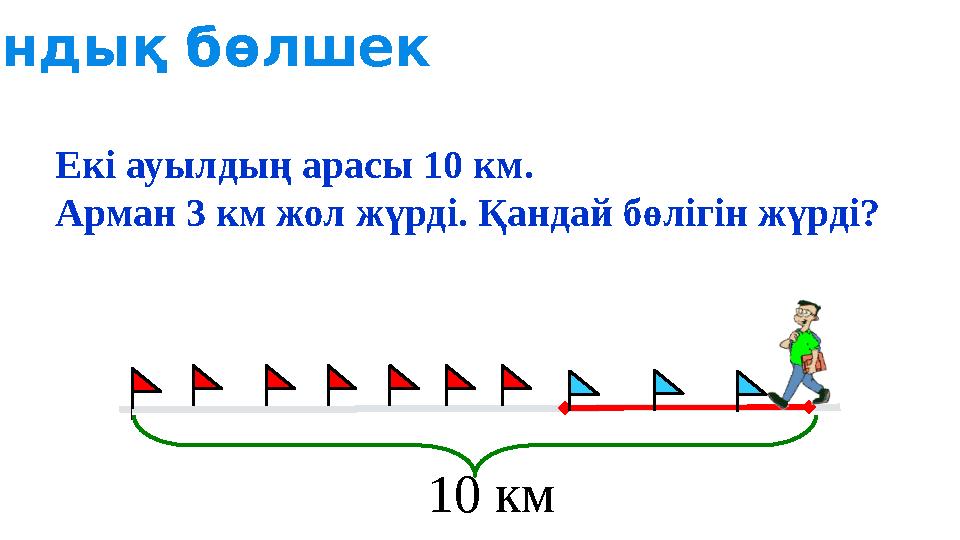 Екі ауылдың арасы 10 км . Арман 3 км жол жүрді. Қандай бөлігін жүрді? 10 км Ондық бөлшек