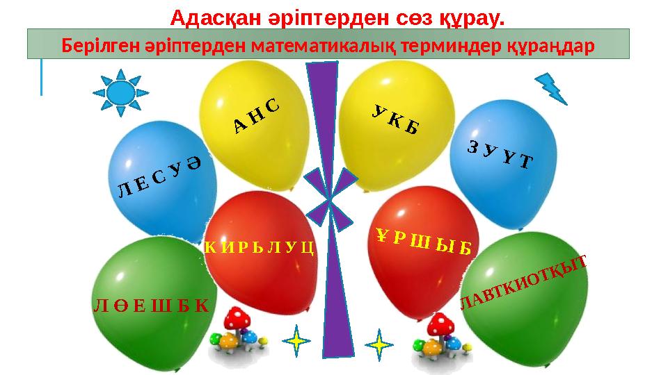 Л Е С У ӘЛ Ө Е Ш Б К А Н С У К Б Ұ Р Ш Ы Б Адасқан әріптерден сөз құрау. Берілген әріптерден математик