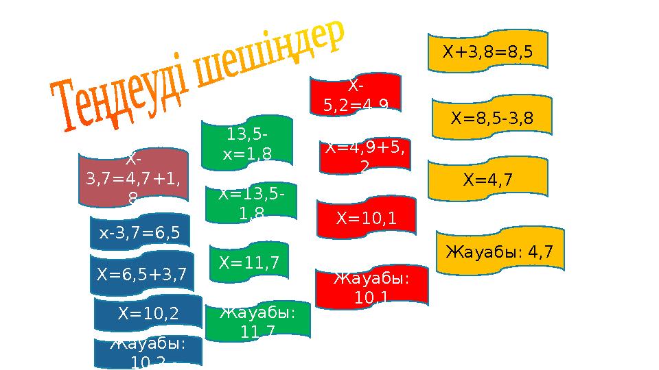 Х+3,8=8,5 13,5- х=1,8 Х- 5,2=4,9 Х- 3,7=4,7+1, 8 Х=8,5-3,8 Х=4,7 Жауабы: 4,7Х=4,9+5, 2 Х=10,1 Жауабы: 10,1Х=13,5- 1,8 Х=11,7 Жа