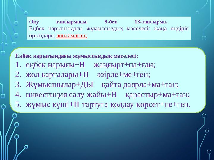 Еңбек нарығындағы жұмыссыздық мәселесі: 1. еңбек нарығы+Н жаңғырт+па+ған; 2. жол карталары+Н әзірле+ме+ген; 3. Жұмысшылар+