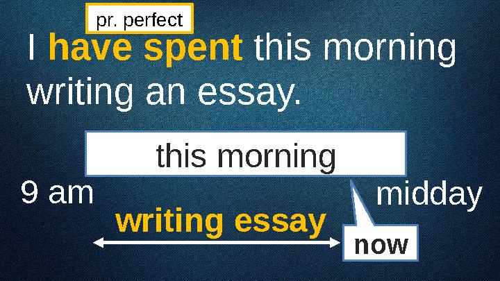 I have spent this morning writing an essay. this morning 9 am midday writing essay nowpr. perfect