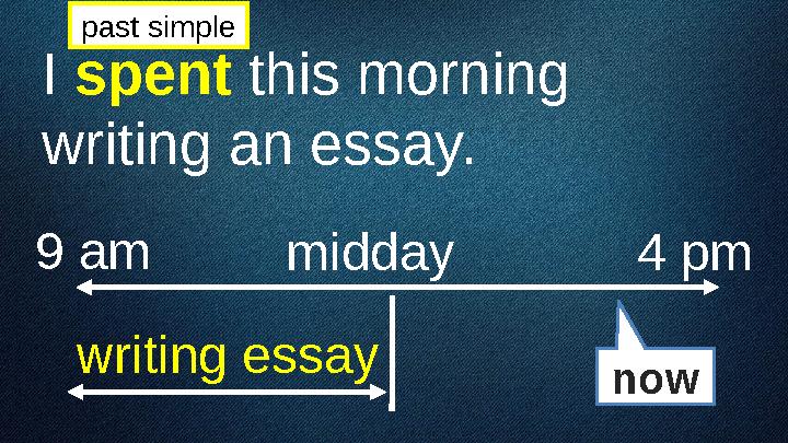I spent this morning writing an essay. 9 am midday writing essay now 4 pmpast simple