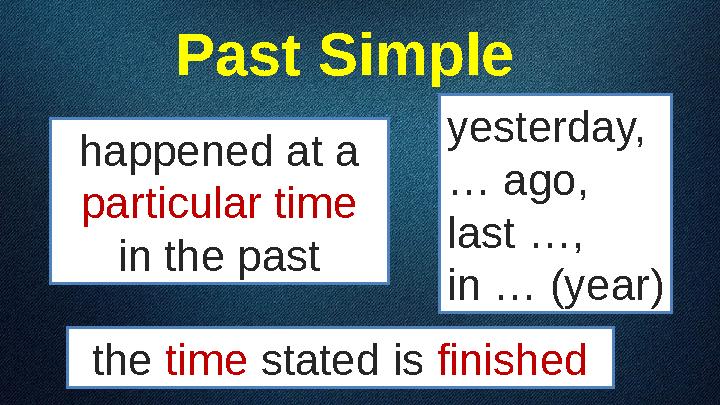 Past Simple happened at a particular time in the past the time stated is finished yesterday, … ago, last …, in … (year)