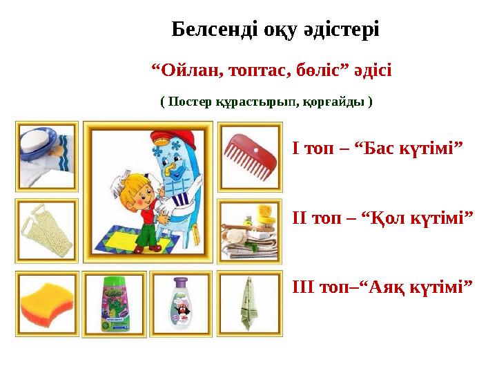 Белсенді оқу әдістері “ Ойлан, топтас, бөліс” әдісі І топ – “Бас күтімі” ІІ топ – “Қол күтімі” ІІІ топ–“Аяқ күтімі” ( Постер құ