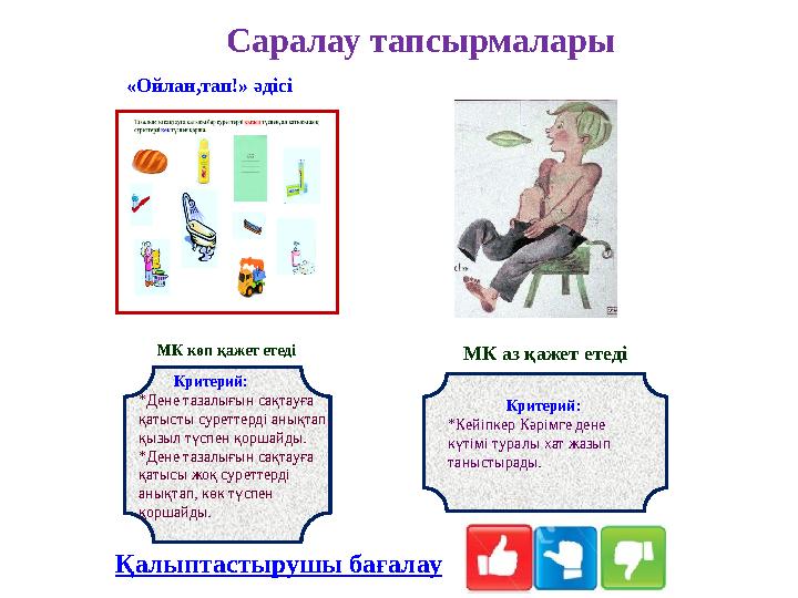Саралау тапсырмалары МК көп қажет етеді«Ойлан,тап!» әдісі МК аз қажет етеді Қалыптастырушы бағалау Критерий: *Дене