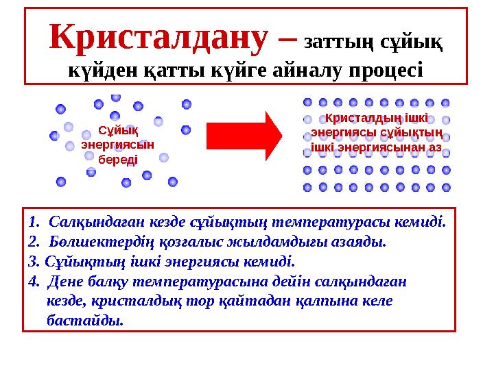 Кристалдану – заттың сұйық күйден қатты күйге айналу процесі Сұйық энергиясын береді Кристалдың ішкі энергиясы сұйықтың і