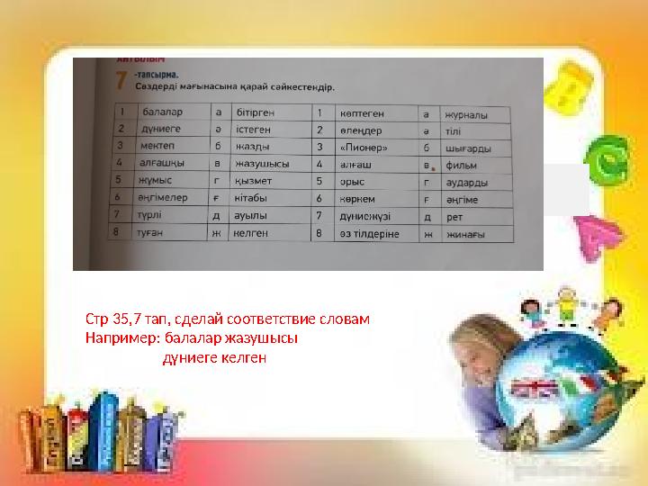 Стр 35,7 тап, сделай соответствие словам Например: балалар жазушысы дүниеге келген