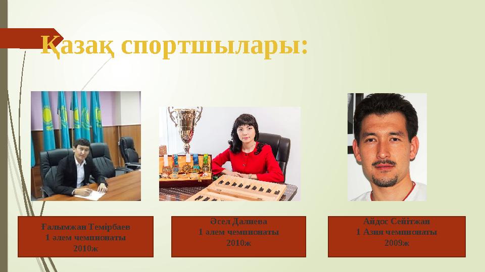 Қазақ спортшылары : Ғалымжан Темірбаев 1 әлем чемпионаты 2010ж Әсел Далиева 1 әлем чемпионаты 2010ж Айдос Сейітжан 1 Азия чемпио