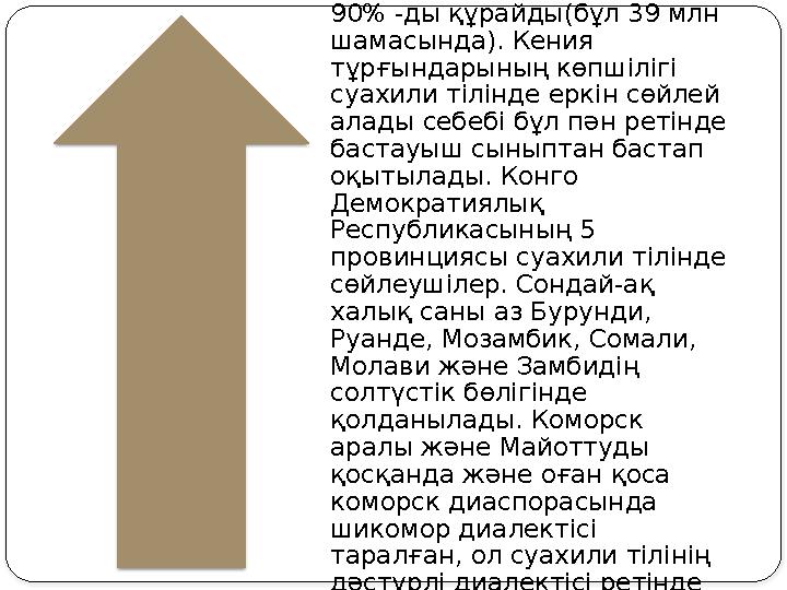 Суахили тілінде сөйлеушілер саны Танзани қаласының 90% -ды құрайды(бұл 39 млн шамасында). Кения тұрғындарының көпшілігі суа