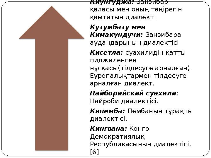 Киунгуджа: Занзибар қаласы мен оның төңірегін қамтитын диалект. Кутумбату мен Кимакундучи: Занзибара аудандарының диалекті