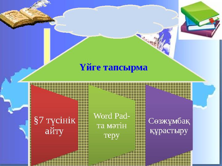 Үйге тапсырма § 7 түсінік айту Word Pad - та мәтін теру Сөзжұмбақ құрастыру