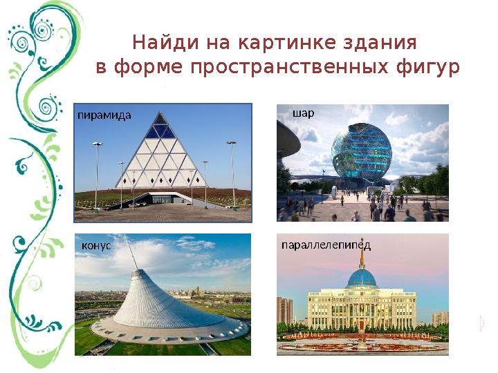 пирамидаНайди на картинке здания в форме пространственных фигур пирамида шар конус параллелепипед