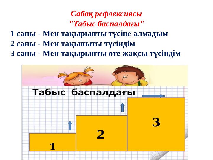 Сабақ рефлексиясы "Табыс баспалдағы" 1 саны - Мен тақырыпты түсіне алмадым 2 саны - Мен тақыпыты түсіндім 3 саны - Мен тақырыпты