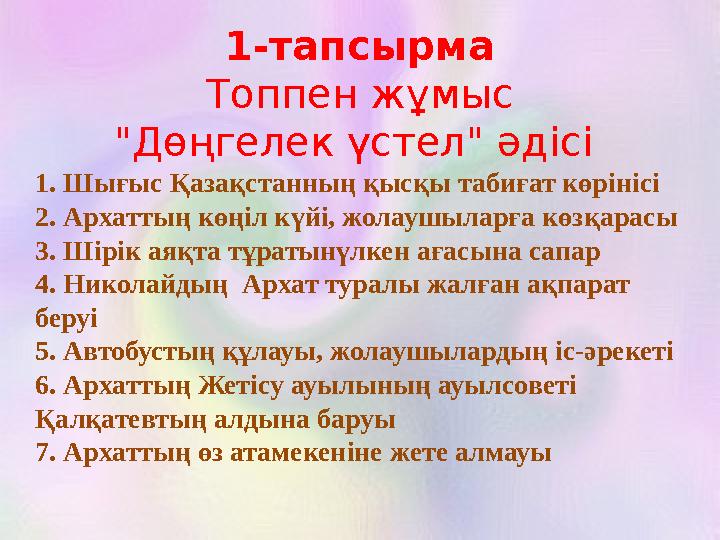 1-тапсырма Топпен жұмыс "Дөңгелек үстел" әдісі 1. Шығыс Қазақстанның қысқы табиғат көрінісі 2. Архаттың көңіл күйі, жолаушыларғ