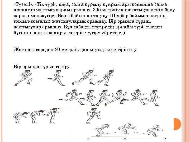 «Түзел!», «Тік түр!», оңға, солға бұрылу бұйрықтары бойынша сапқа арналған жаттығуларды орындау. 300 метрлік қашықтыққа дейін б