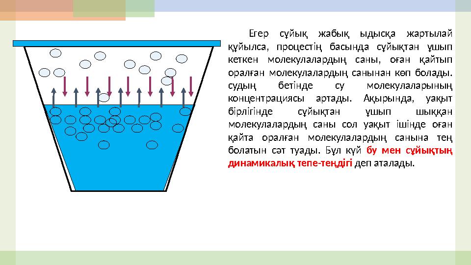 Егер сұйық жабық ыдысқа жартылай құйылса, процестің басында сұйықтан ұшып кеткен молекулалардың саны, оған қайтып