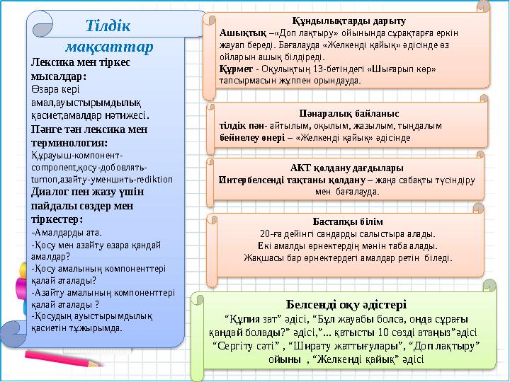 Тілдік мақсаттар Лексика мен тіркес мысалдар: Өзара кері амал,ауыстырымдылық қасиет,амалдар нәтижесі. Пәнге тән лексика
