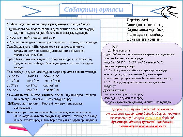 Сабақтың ортасы Ұ:«Бұл жауабы болса, онда сұрақ қандай болады?»әдісі. Оқушыларға сөйлемдер беріп, жауап ретінде осы сөйлемдерді