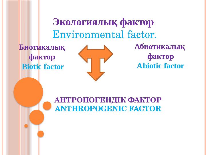 Экологиялық фактор Environmental factor. Биотикалық фактор Biotic factor Абиотикалық фактор Abiotic factor АНТРОПОГЕНДІК