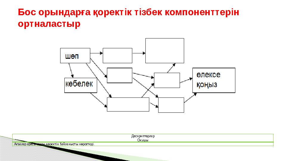 Бос орындарға қоректік тізбек компоненттерін ортналастыр Дескрипторлар Оқушы Ағзалар арасындағы қоректік байланысты көрсетеді.