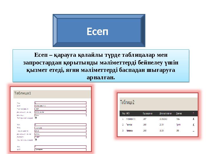 Есеп Есеп – қарауға қолайлы түрде таблицалар мен запростардан қорытынды мәліметтерді бейнелеу үшін қызмет етеді, яғни мәлімет