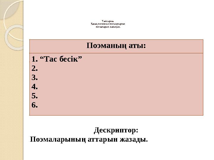 Тапсырма. Қазақ поэзиясын толықтырған поэмаларын жазыңыз . Дескриптор: Поэмаларының аттарын жазады. Поэманың аты: 1. “Та
