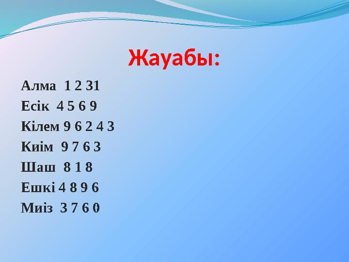 Жауабы: Алма 1 2 31 Есік 4 5 6 9 Кілем 9 6 2 4 3 Киім 9 7 6 3 Шаш 8 1 8 Ешкі 4 8 9 6 Миіз 3 7 6 0