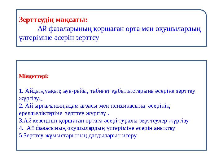 Зерттеудің мақсаты: Ай фазаларының қоршаған орта мен оқушылардың үлгеріміне әсерін зерттеу Міндетте