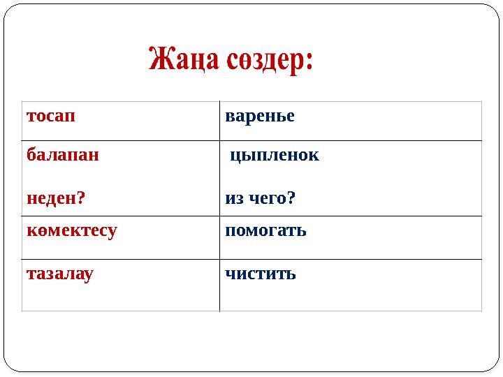 тосап варенье балапан неден? цыпленок из чего? көмектесу помогать тазалау чистить