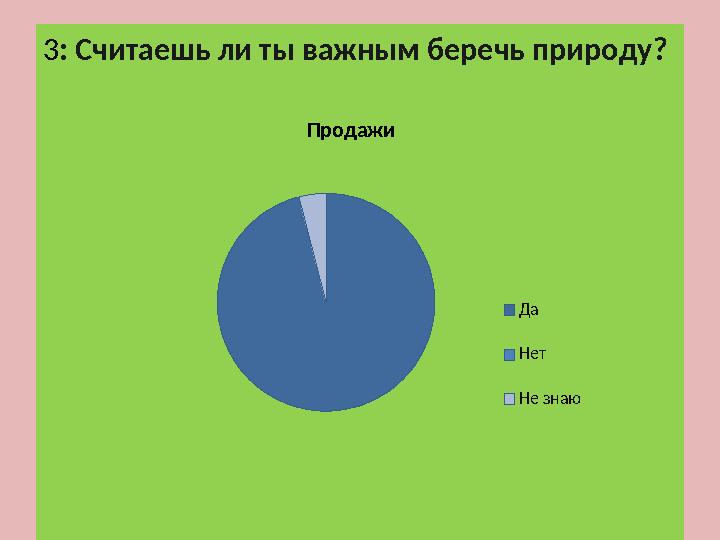 3 : Считаешь ли ты важным беречь природу ?Продажи Да Нет Не знаю