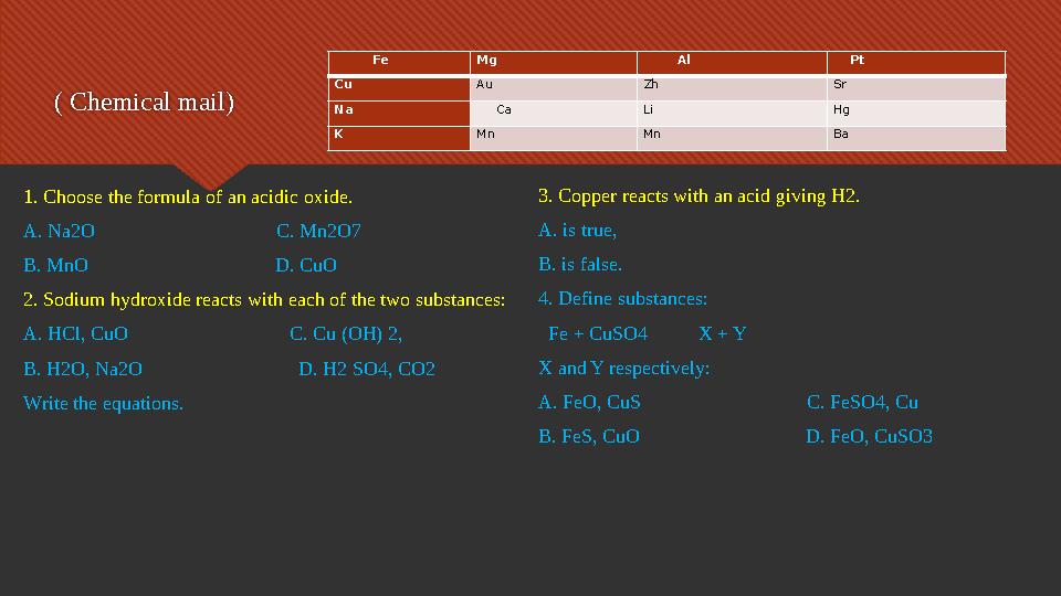 Fe Mg Al Pt Cu Au Zh Sr Na Ca Li Hg K Mn Mn Ba( Сhemical mail) 1. Choose the formula of an acidic