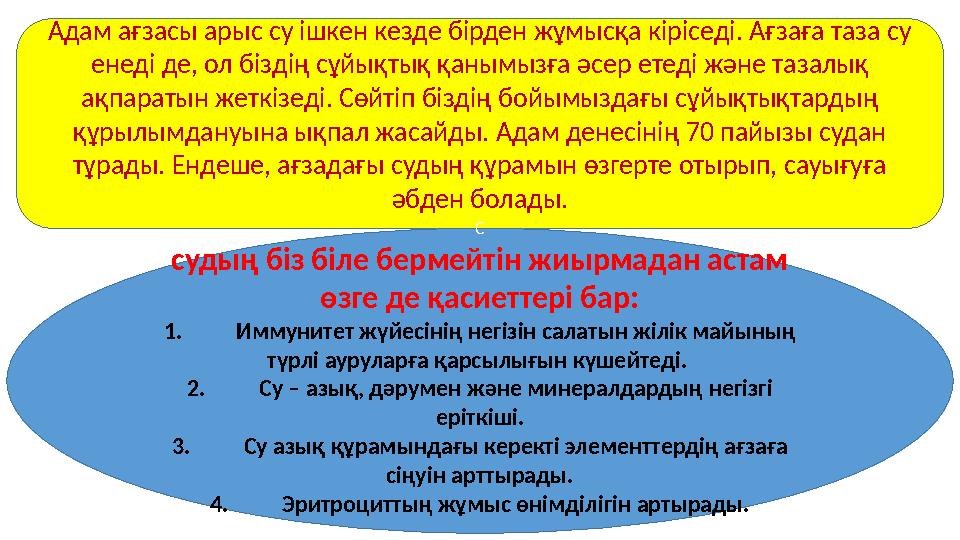 Адам ағзасы арыс су ішкен кезде бірден жұмысқа кіріседі. Ағзаға таза су енеді де, ол біздің сұйықтық қанымызға әсер етеді және