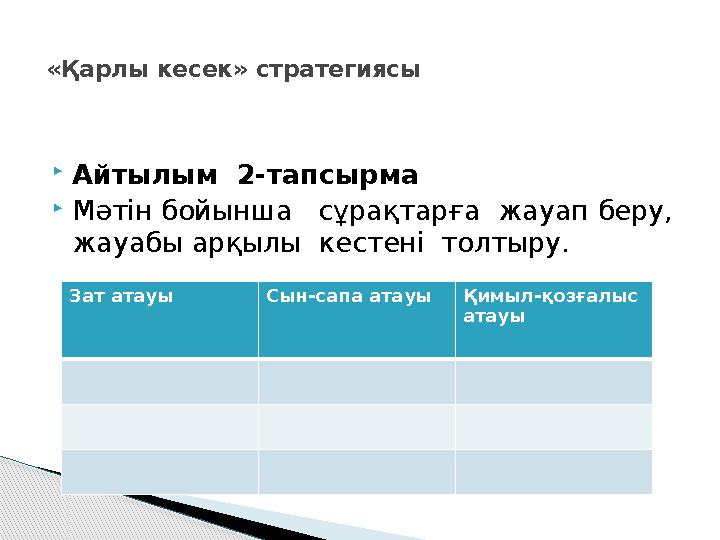  Айтылым 2-тапсырма  Мәтін бойынша сұрақтарға жауап беру, жауабы арқылы кестені толтыру. «Қарлы кесек» стратегиясы Зат