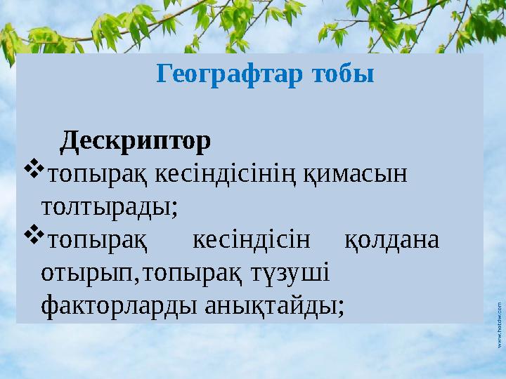 Географтар тобы Дескриптор  топырақ кесіндісінің қимасын толтырады;  топырақ кесіндісін қолдана отырып, топырақ түзуші фа