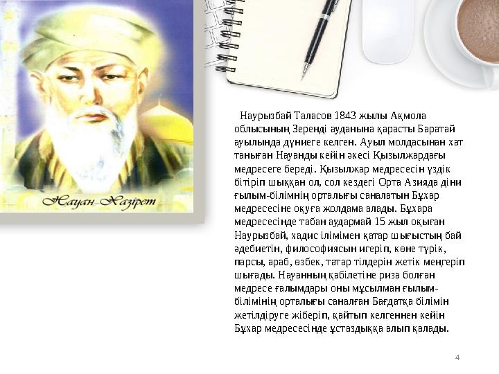 4 Наурызбай Таласов 1843 жылы Ақмола облысының Зеренді ауданына қарасты Баратай ауылында дүниеге келген. Ауыл молдасынан хат
