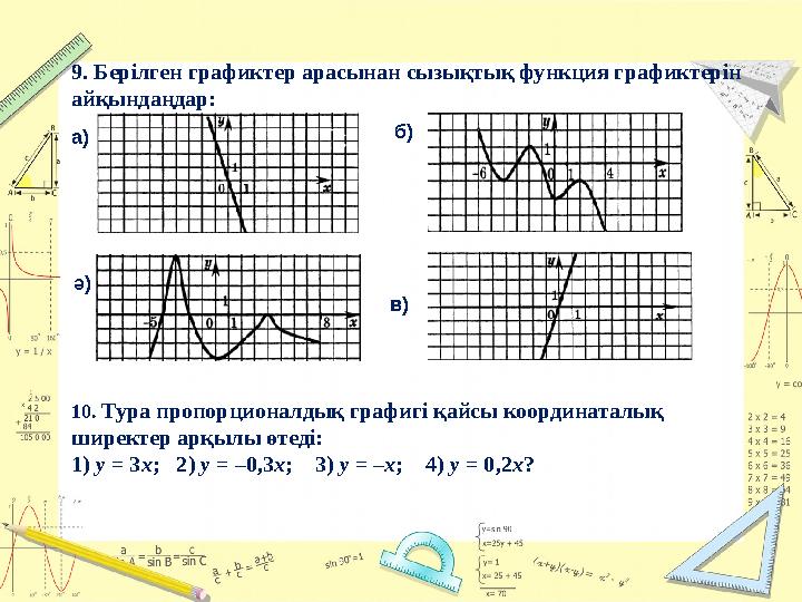 9. Берілген графиктер арасынан сызықтық функция графиктерін айқындаңдар: а) б) ә) в) 10. Тура пропорционалды