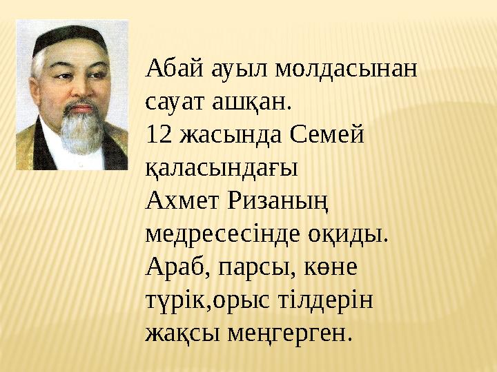 Абай ауыл молдасынан сауат ашқан. 12 жасында Семей қаласындағы Ахмет Ризаның медресесінде оқиды. Араб, парсы, көне түрік,о