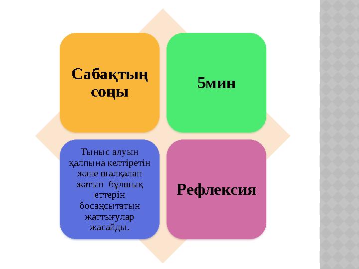 Сабақтың соңы 5 мин Тыныс алуын қалпына келтіретін және шалқалап жатып бұлшық еттерін босаңсытатын жаттығулар жасайды.