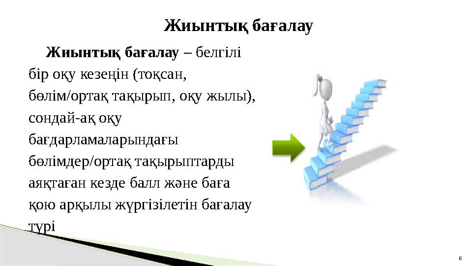 Жиынтық бағалау 6Жиынтық бағалау – белгілі бір оқу кезеңін (тоқсан, бөлім/ортақ тақырып , оқу жылы), сондай-ақ оқу бағдарл