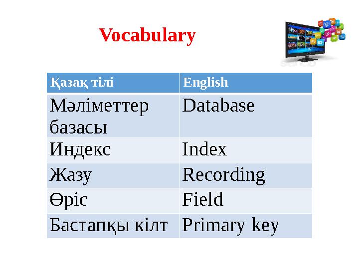Қазақ тілі English Мәліметтер базасы Database Индекс Index Жазу Recording Өріс Field Бастапқы кілт Primary keyVocabulary