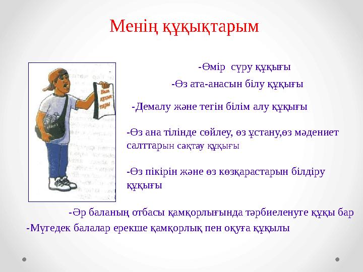 Менің құқықтарым -Өмір сүру құқығы -Өз ата-анасын білу құқығы -Демалу және тегін білім алу құқығы -Өз ана тілінде сөйлеу,