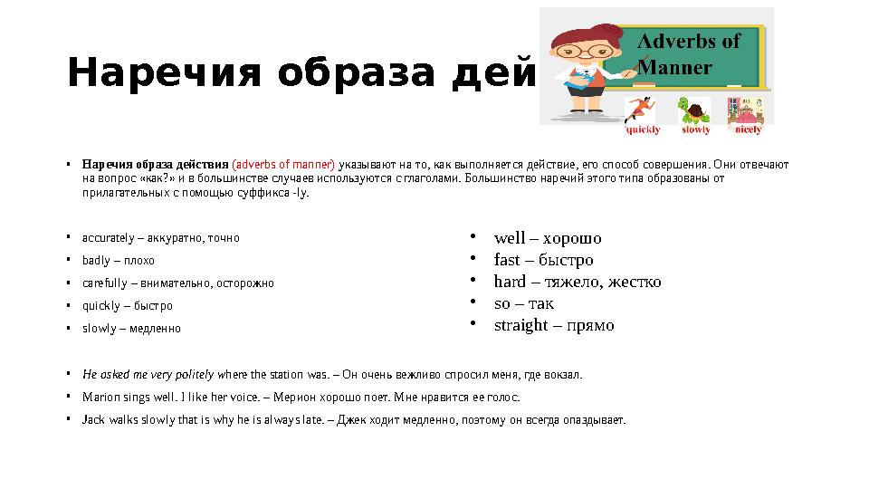 Наречия образа действия • Наречия образа действия (adverbs of manner) указывают на то, как выполняется действие, его способ со