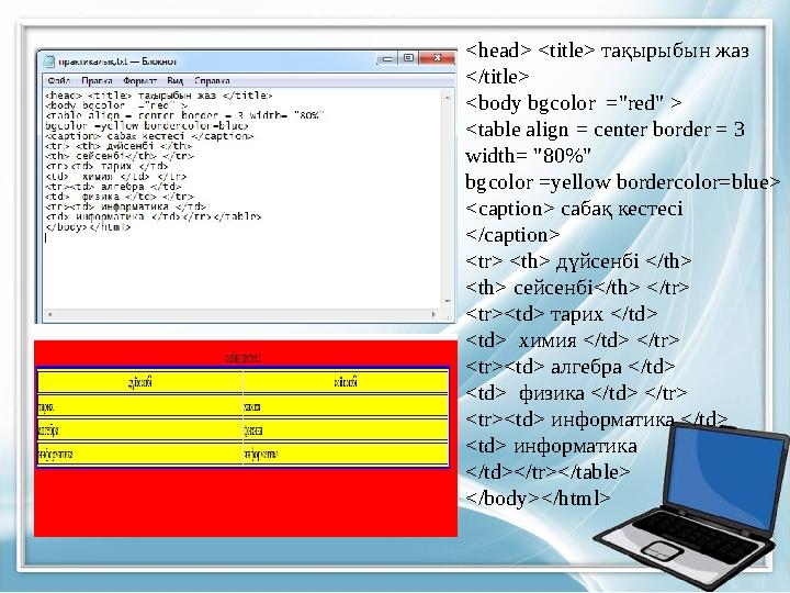 <head> <title> тақырыбын жаз </ title> <body bgcolor ="red" > <table align = center border = 3 width= "80%" bgcolor =yellow