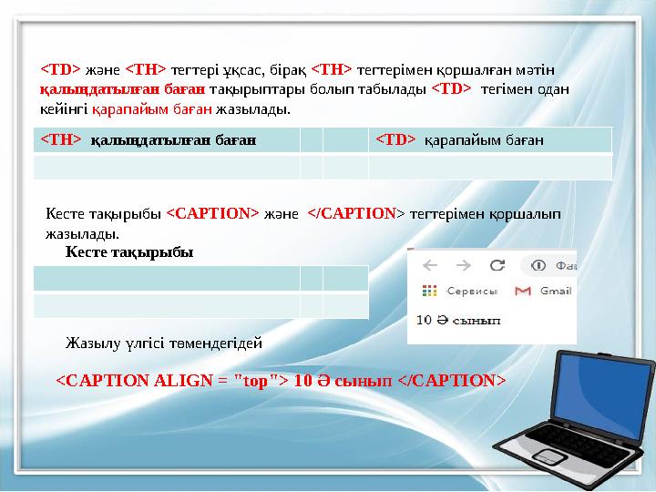 <TD> және <TH> тегтері ұқсас, бірақ <TH> тегтерімен қоршалған мәтін қалыңдатылған баған тақырыптары болып табылады <