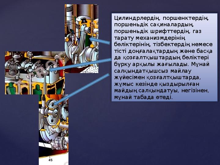 Цилиндрлердің, поршенктердің, поршеньдік сақиналардың, поршеньдік шрифттердің, газ тарату механизмдерінің бөліктерінің, тізб